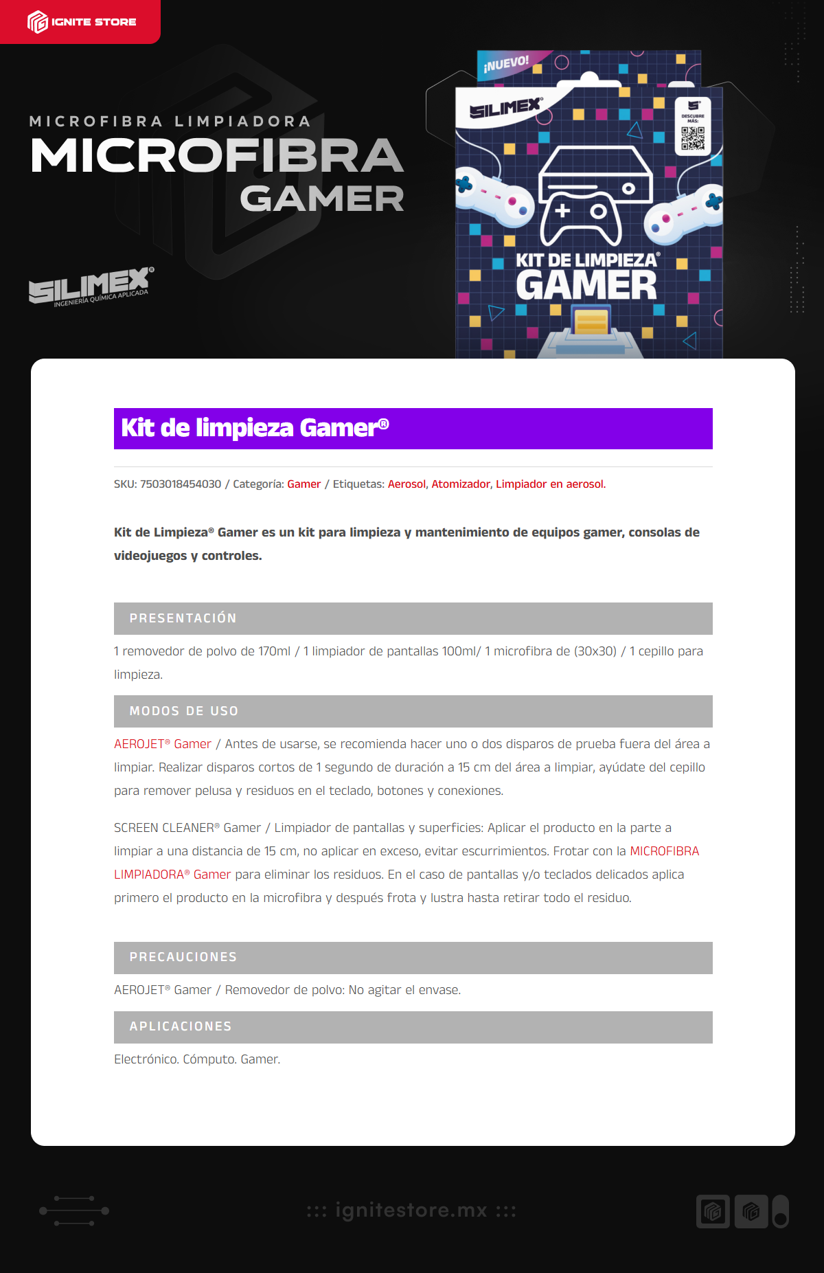 Kit de Limpieza Gamer Silimex | Incluye: 1 Removedor de 170ml / 1 Limpiador de Pantallas 100ml / 1 Microfibra de 30x30 / 1 Cepillo Para Limpieza | 7503018454030