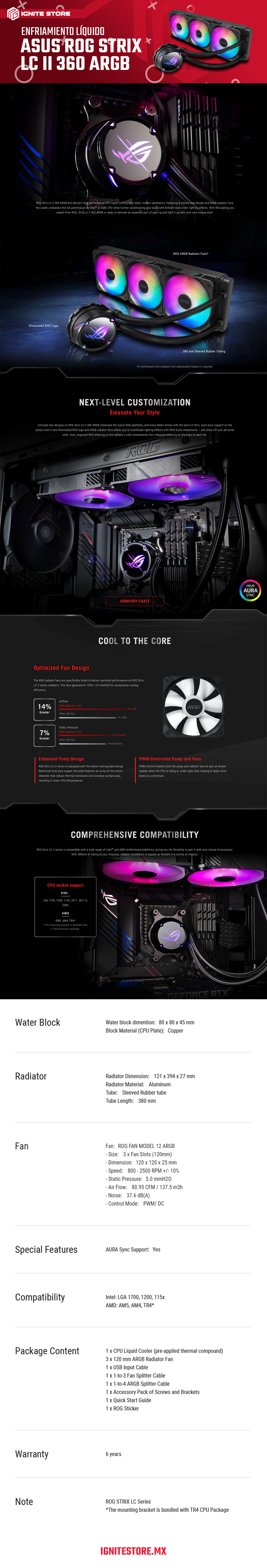 Enfriamiento Líquido ASUS Rog Strix - 360mm - LC II 360 ARGB - LGA1700 / AM5 - 90RC00F1-M0AAY0