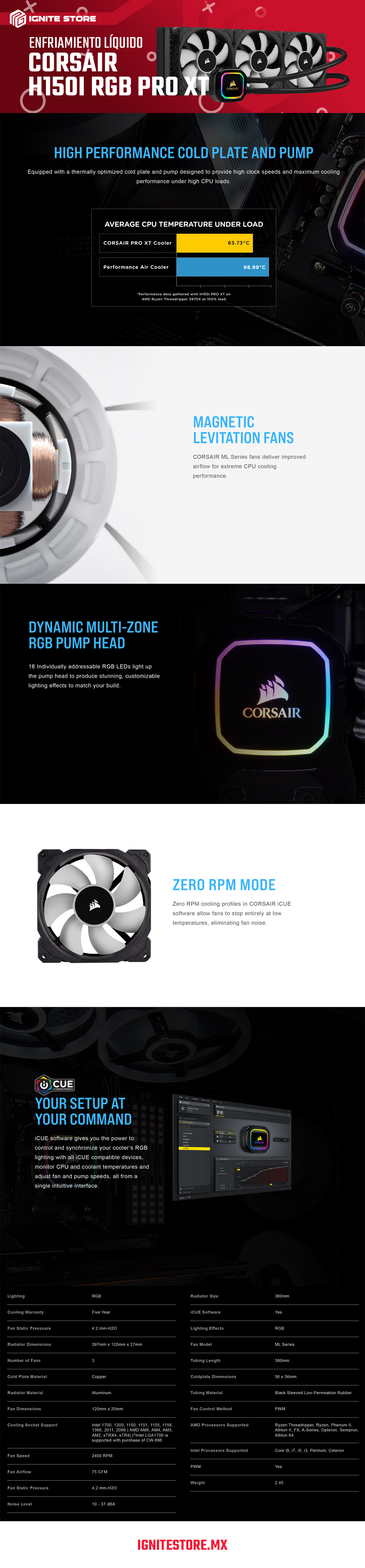 ENFRIAMIENTO LIQUIDO CORSAIR H150I PRO XT RGB 360MM - CW-9060045-WW