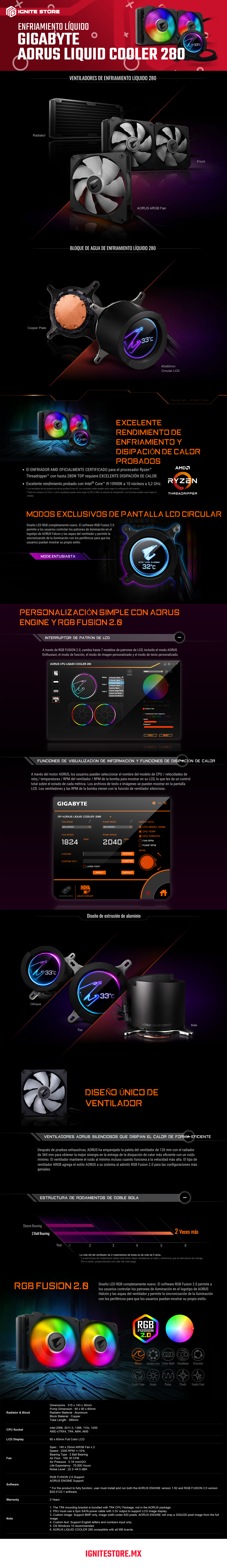 ENFRIAMIENTO LIQUIDO GIGABYTE AORUS LIQUID COOLER 280MM RGB 2X140MM - GP-AORUS LIQUID COOLER 280