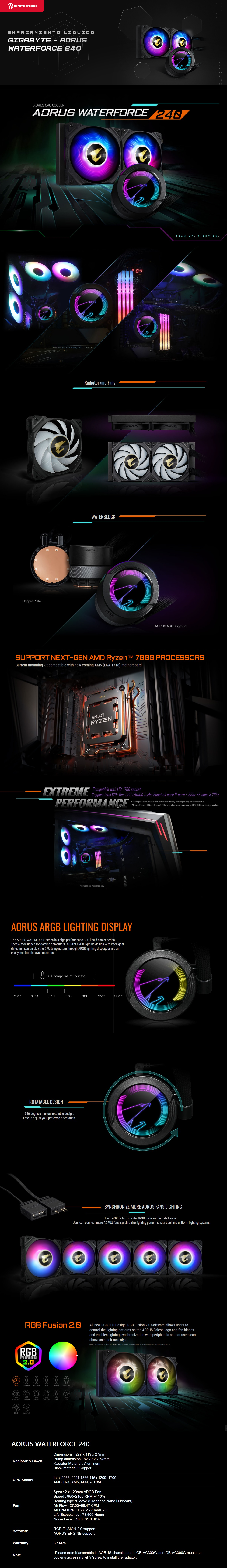 Enfriamiento Liquido Gigabyte - AORUS WATERFORCE 240 - 240mm - LGA1200 - AM5 - GP-AORUS WATERFORCE 240