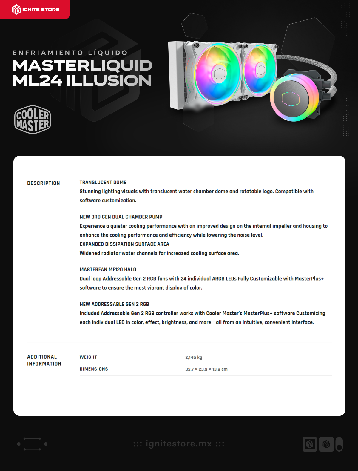 Enfriamiento Líquido Cooler Master ML240 Illusion AIO Blanco RGB | 240mm | MLX-D24M-A18PW-R1