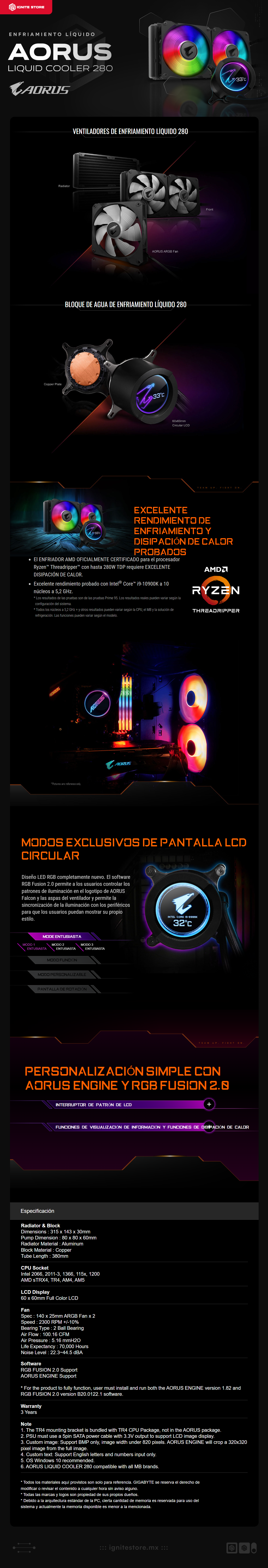 Enfriamiento líquido Gigabyte AORUS Liquid Cooler 280mm | RGB | 2x140mm | Pantalla LCD | GP-AORUS Liquid Cooler 280