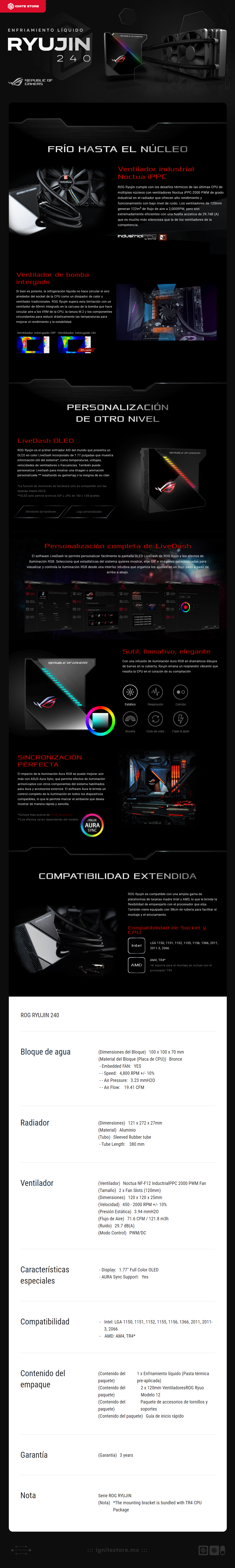 Enfriamiento líquido ASUS ROG Ryujin 240 RGB | 240mm | Pantalla de 1.77" OLED | ROG Ryujin 240