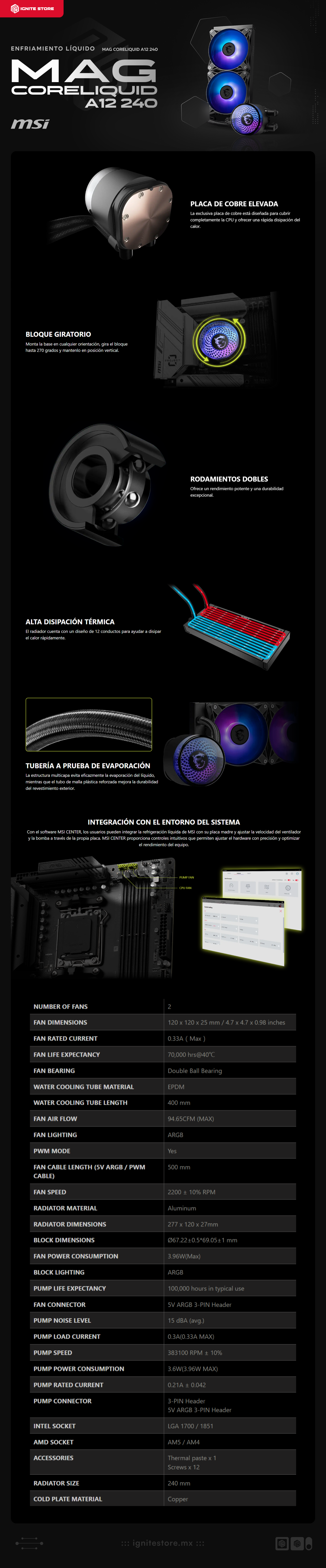Enfriamiento Líquido MAG CORELIQUID A12 240 | 240mm | 2200 RPM | AM5 / AM4 | LGA 1700 / 1851 | ARGB | MAG CORELIQUID A12 240