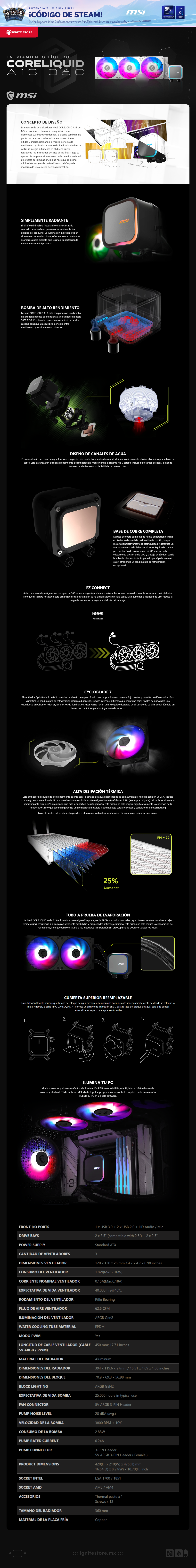Enfriamiento Líquido MSI MAG CORELIQUID A13 360 | 360 mm | 3800 RPM | ARGB | Blanco | MAG CORELIQUID A13 360 / WHITE