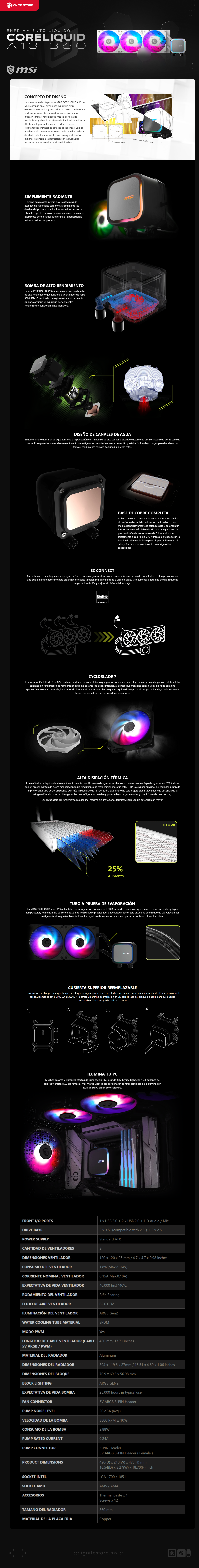Enfriamiento Líquido MSI MAG CORELIQUID A13 360 | 360 mm | 3800 RPM | ARGB | Blanco | MAG CORELIQUID A13 360 / WHITE