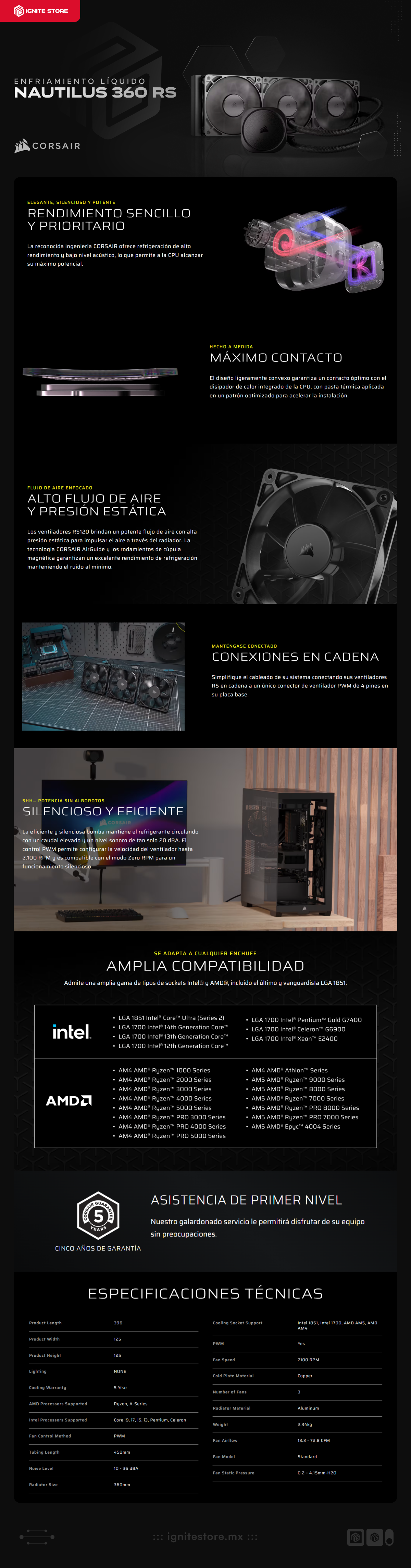 Enfriamiento Líquido Corsair NAUTILUS 360 RS | 360mm | 2100 RPM | AM5 / AM4 | LGA 1700 / 1851 | Negro | CW-9060089-WW