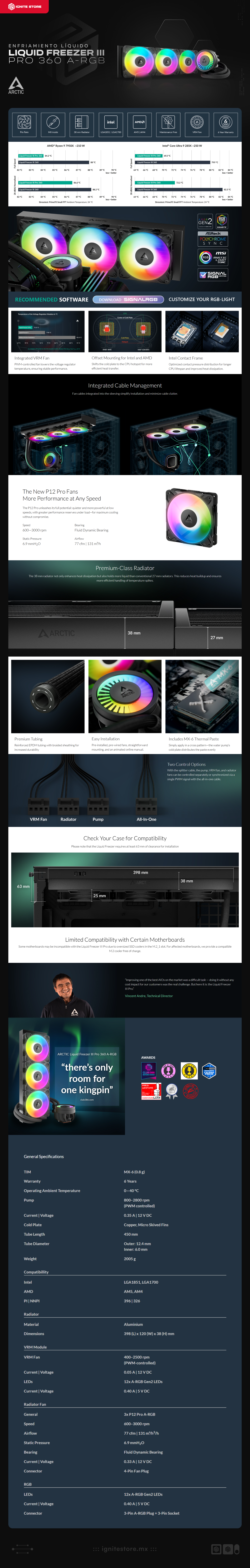 Enfriamiento Líquido Arctic Liquid Freezer III Pro 360 A-RGB | 360 mm | 600 a 3000 RPM | AM5 / AM4 | LGA 1851 / 1700 | ARGB | Negro | ACFRE00184A