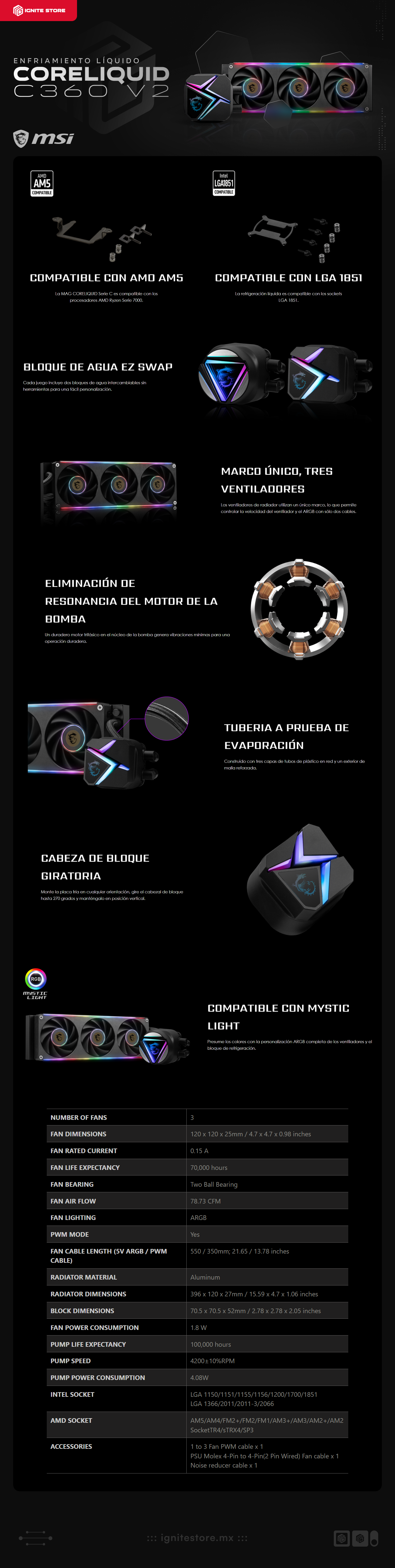 Enfriamiento Líquido MSI MAG CORELIQUID C360 V2 | 360 mm | Hasta 4200 RPM | Dos Bloques de Agua Intercambiables | AM5 / AM4 / TR4 | LGA 1851 / 1700 / 1200 / 1156 / 1155 / 1151 / 1150 | ARGB | Negro | MAG CORELIQUID C360 V2