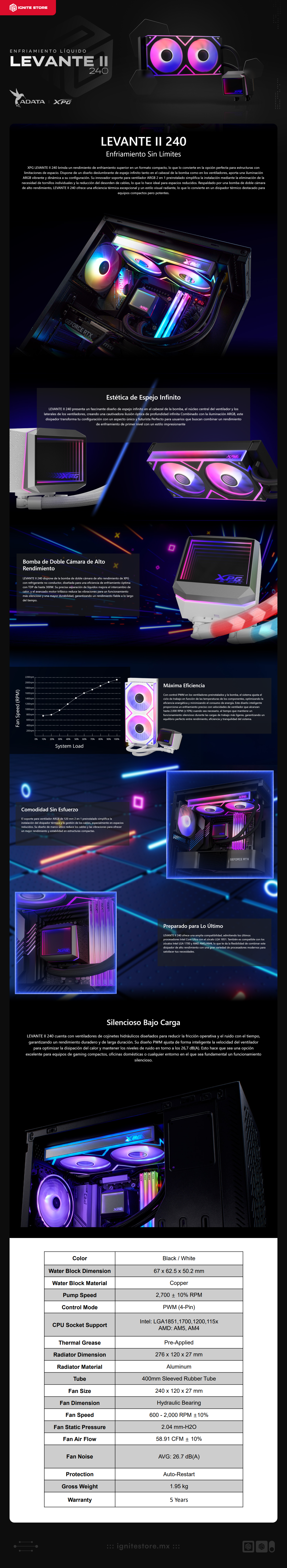 Enfriamiento Líquido ADATA XPG LEVANTE II 240 | 240 mm | 2000 RPM | AM5 / AM4 | LGA 1700 / 1851 / 1200 / 115x | ARGB | Negro | LEVANTEII240BKCWW