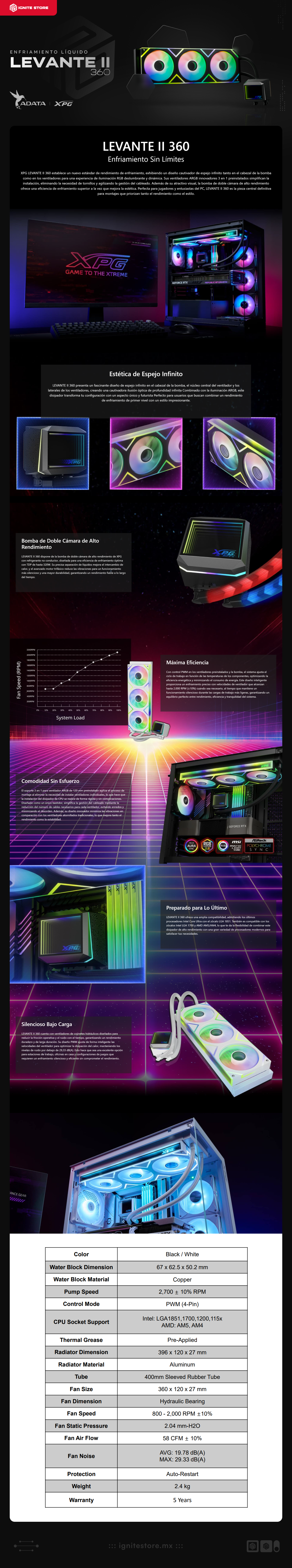 Enfriamiento Líquido ADATA XPG LEVANTE II 360 | 360 mm | 2000 RPM | AM5 / AM4 | LGA 1700 / 1851 / 1200 / 115x | ARGB | Negro | LEVANTEII360BKCWW