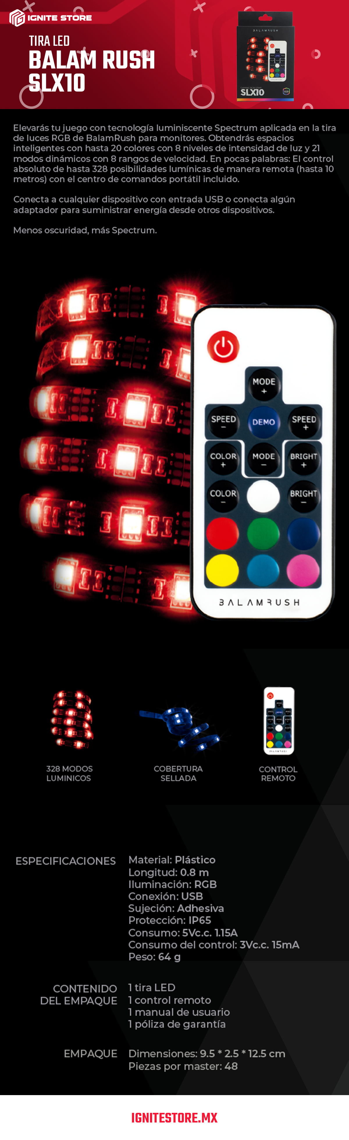 Tira de Iluminación LED RGB BalamRush - SLX10 - Control incluido - 80cm - Conexión USB - Sujeción adhesiva - BR-931564