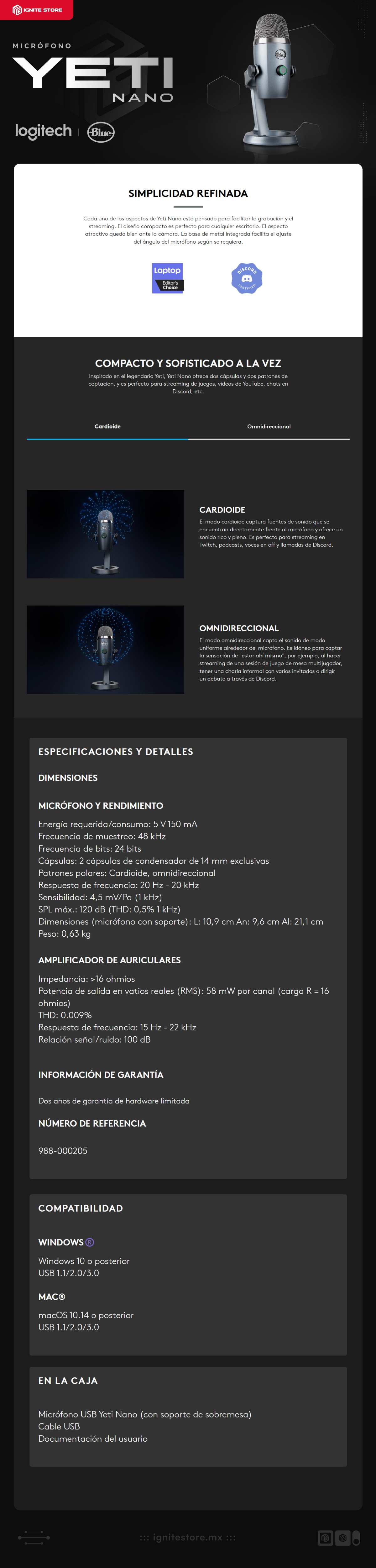 Micrófono USB Blue Yeti Nano | Soporte incluido | Windows 10 / macOs | USB | Cardioide / Omnidireccional | Color Azul | 988-000508