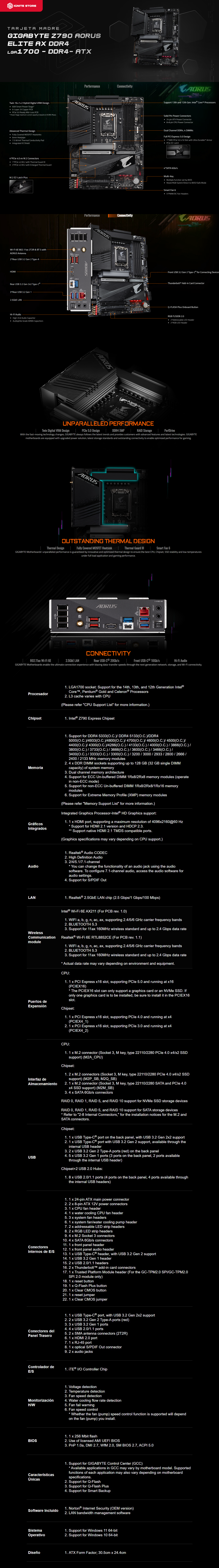 TARJETA MADRE GIGABYTE Z790 AORUS ELITE AX DDR4 - WIFI HDMI INTEL LGA 1700 - Z790 AORUS ELITE AX DDR4