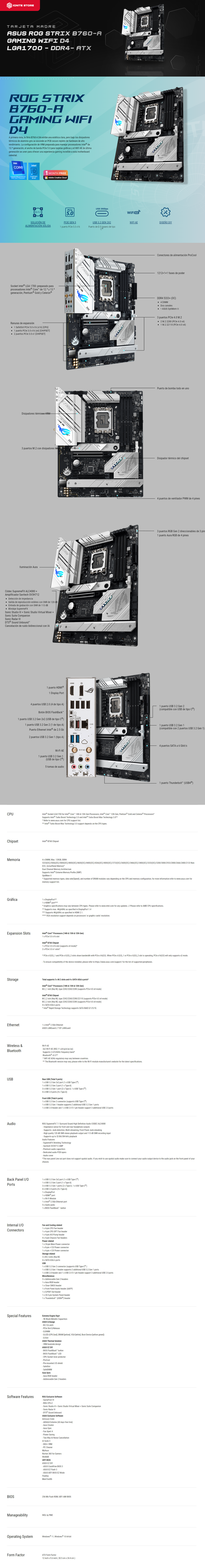 TARJETA MADRE ASUS ROG STRIX B760-A GAMING WIFI D4 - WI-FI 6E / BLUETOOTH V5.3 - HDMI / DISPLAYPORT - 90MB1DD0-MVAAY0