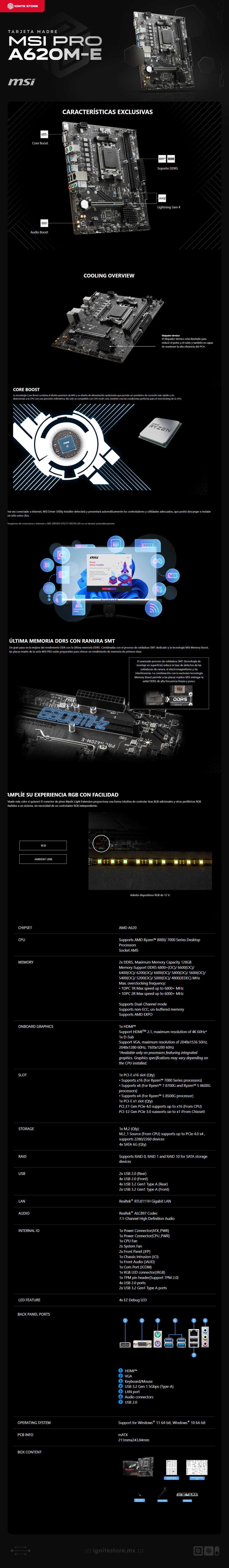 Tarjeta Madre MSI PRO A620M-E | mATX | Socket AM5 | AMD A620 | DDR5 (Hasta 128GB) | PRO A620M-E