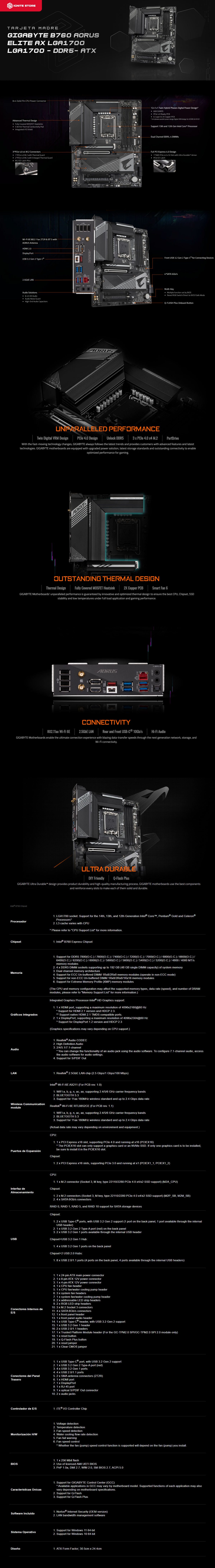 TARJETA MADRE GIGABYTE B760 AORUS ELITE AX LGA1700 DDR5 ATX / B760 AORUS ELITE AX