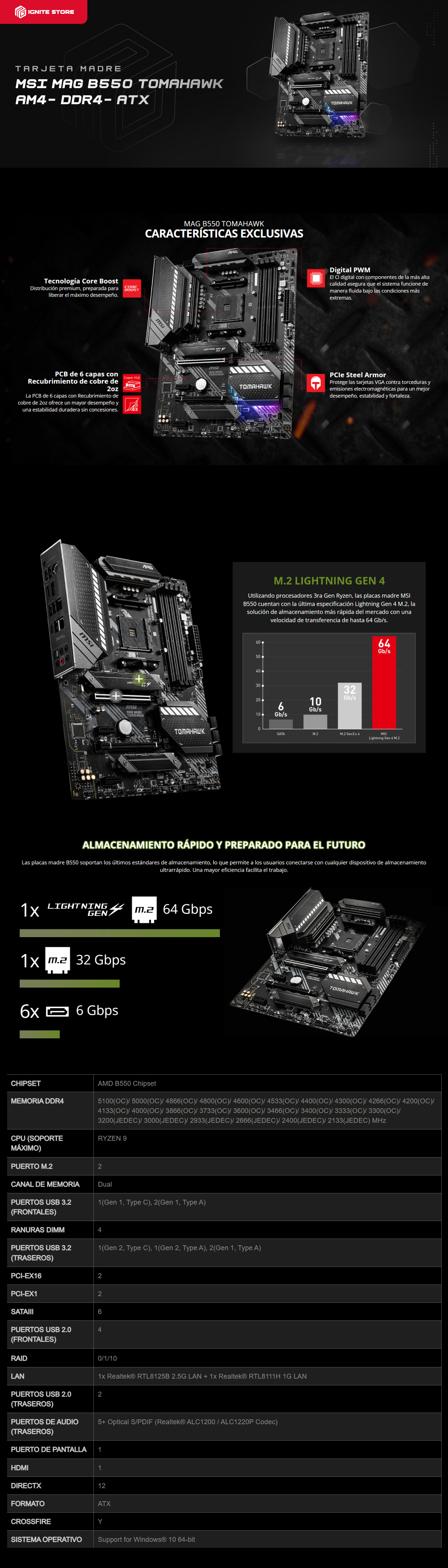 TARJETA MADRE MSI MAG B550 TOMAHAWK ATX AM4 DDR4 / MAG B550 TOMAHAWK