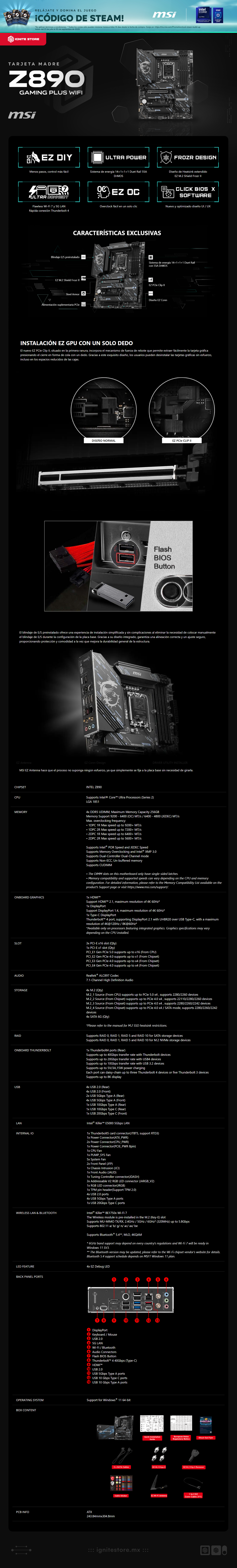 Tarjeta Madre MSI Z890 Gaming Plus WIFI | ATX | Intel Z890 | LGA 1851 | DDR5 256 (Máx) | HDMI / DP / Thunderbolt | Wi-Fi 7 / Bluetooth 5.4 | Z890 GAMING PLUS WIFI