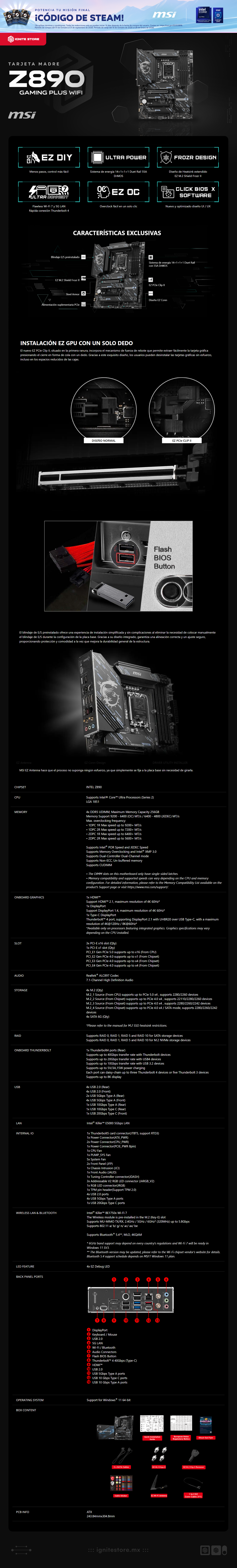 Tarjeta Madre MSI Z890 Gaming Plus WIFI | ATX | Intel Z890 | LGA 1851 | DDR5 256 (Máx) | HDMI / DP / Thunderbolt | Wi-Fi 7 / Bluetooth 5.4 | Z890 GAMING PLUS WIFI