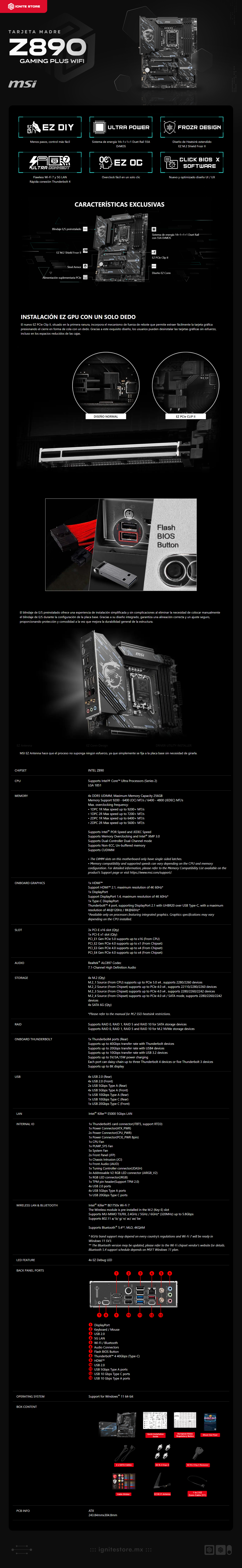 Tarjeta Madre MSI Z890 Gaming Plus WIFI | ATX | Intel Z890 | LGA 1851 | DDR5 256 (Máx) | HDMI / DP / Thunderbolt | Wi-Fi 7 / Bluetooth 5.4 | Z890 GAMING PLUS WIFI