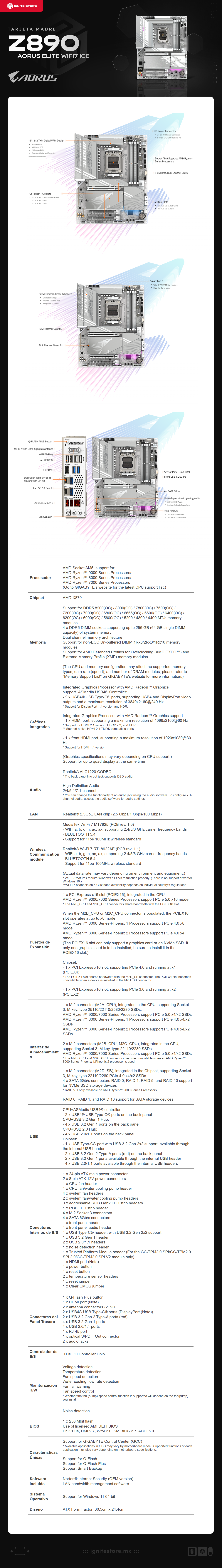 Tarjeta Madre Gigabyte Z890 AORUS ELITE WIFI7 ICE | ATX | Intel Z890 | LGA1851 | DDR5 256GB(Máx) | HDMI / DisplayPort | Wi-Fi 7 / Bluetooth 5.4 | Z890 AORUS ELITE WIFI7 ICE
