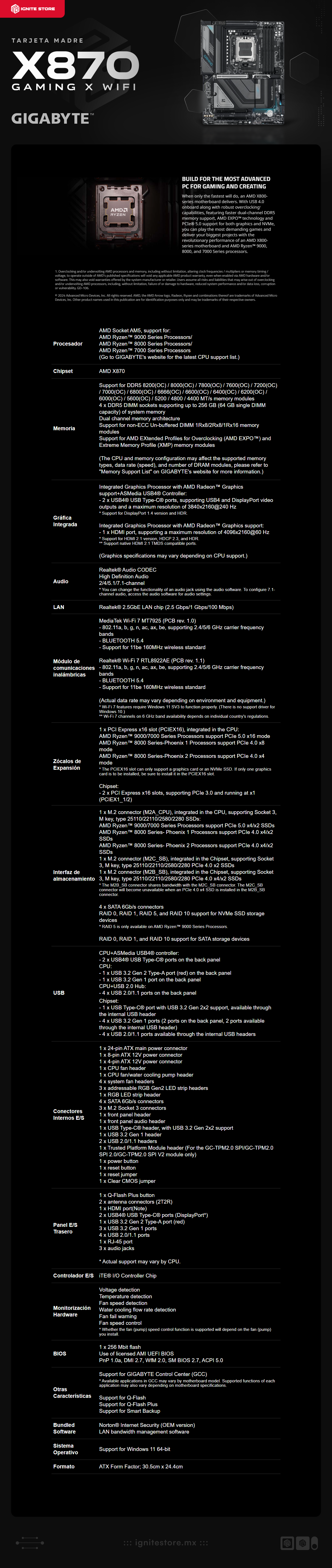 Tarjeta Madre GIGABYTE X870 GAMING X WiFi 7 | ATX | AM5 | AMD X870 | DDR5 256GB (Máx) | USB-C x 2 / HDMI x 1 | Wi-Fi 7 / Bluetooth 5.4 | X870 GAMING X WIFI7