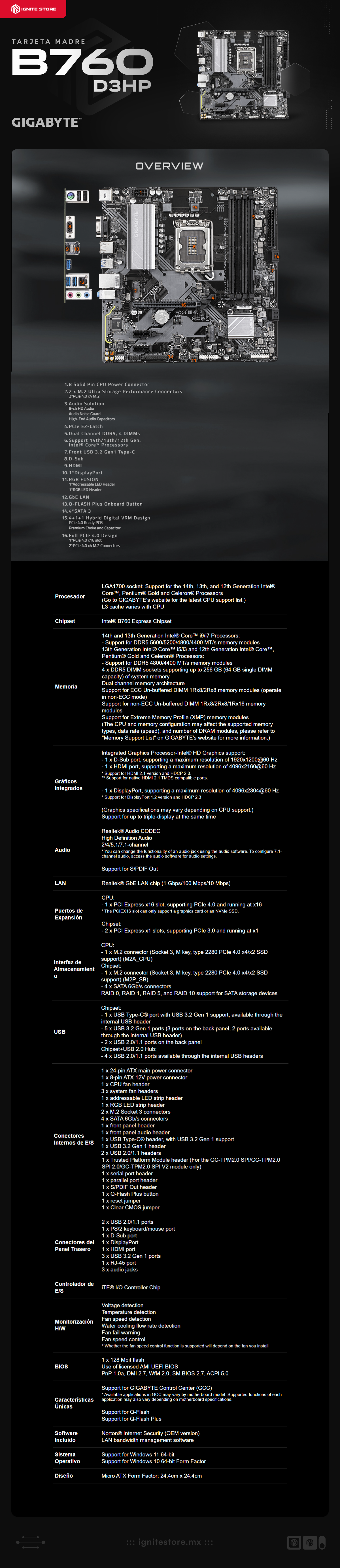 Tarjeta Madre GIGABYTE B760M D3HP | Micro ATX | LGA1700 | Intel B760 | RAM DDR5 Hasta 256GB | HDMI / DisplayPort | B760M D3HP