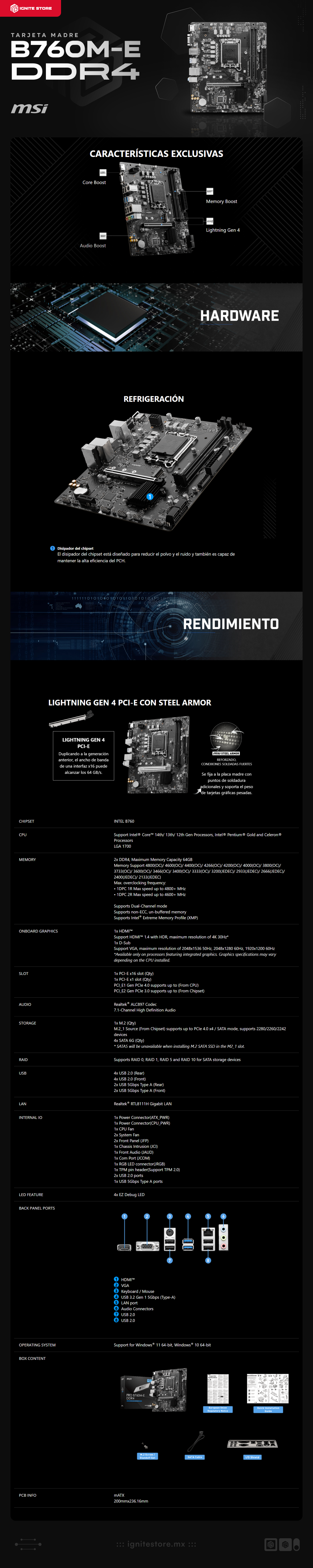 Tarjeta Madre MSI PRO B760M-E DDR4 | MicroATX | Intel B760 | LGA 1700 | 2 Slots DDR4 Hasta 64GB | HDMI | PRO B760M-E DDR4