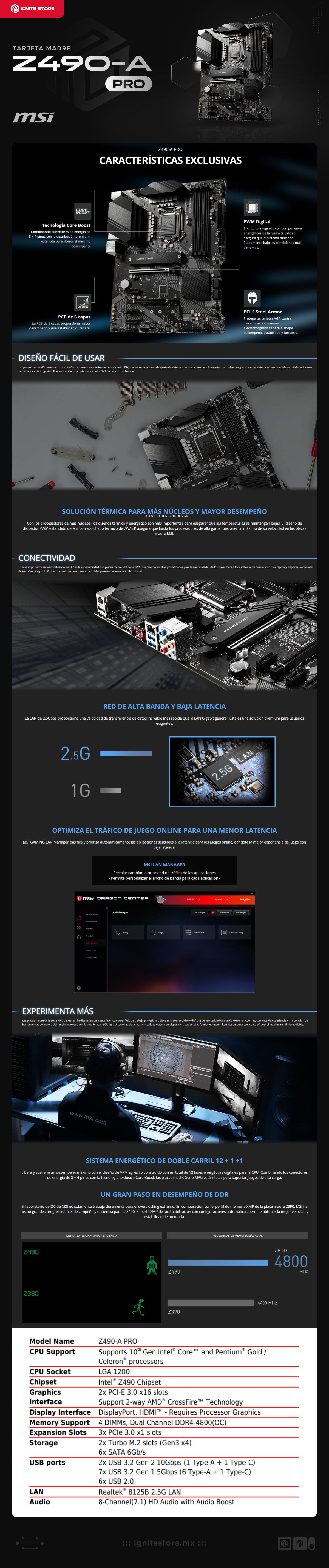 Tarjeta Madre MSI Z490-A PRO | ATX | LGA 1200 | Intel Z490 | DDR4 (Hasta 128GB) | Negro | Z490-A PRO