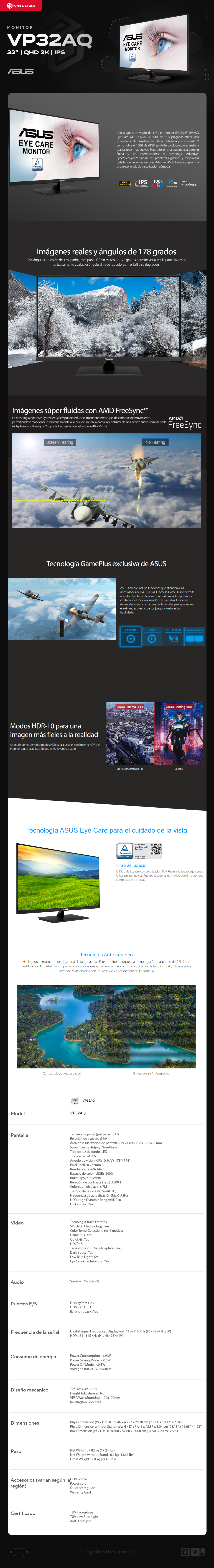 Monitor Eye Care ASUS VP32AQ | 32"  ( 31.5" visibles ) | QHD (2560 x 1440) | IPS | 75 Hz | 100% sRGB | Adaptive-Sync / FreeSync | Bocinas | VP32AQ 