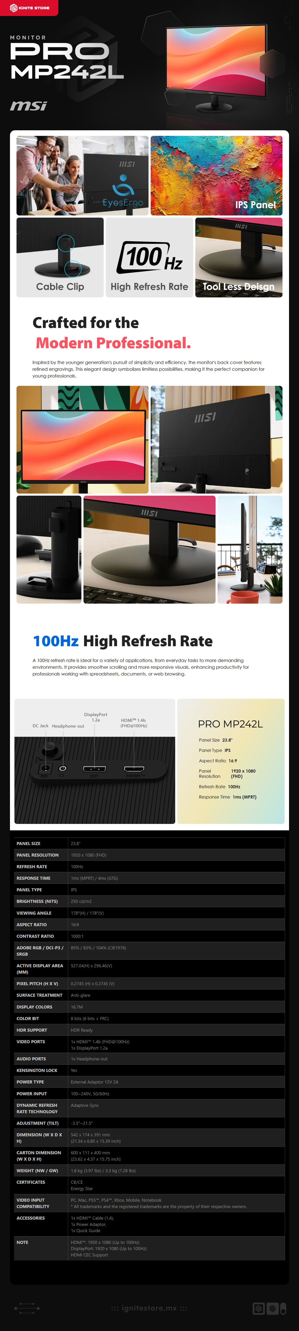 Monitor MSI PRO MP242L | 23.8'' | IPS | W-LED | 1920 x 1080 (FHD) | 100Hz | 1ms (MPRT) | Adaptive-Sync| HDMI 1.4b / DisplayPort 1.2a | PRO MP242L