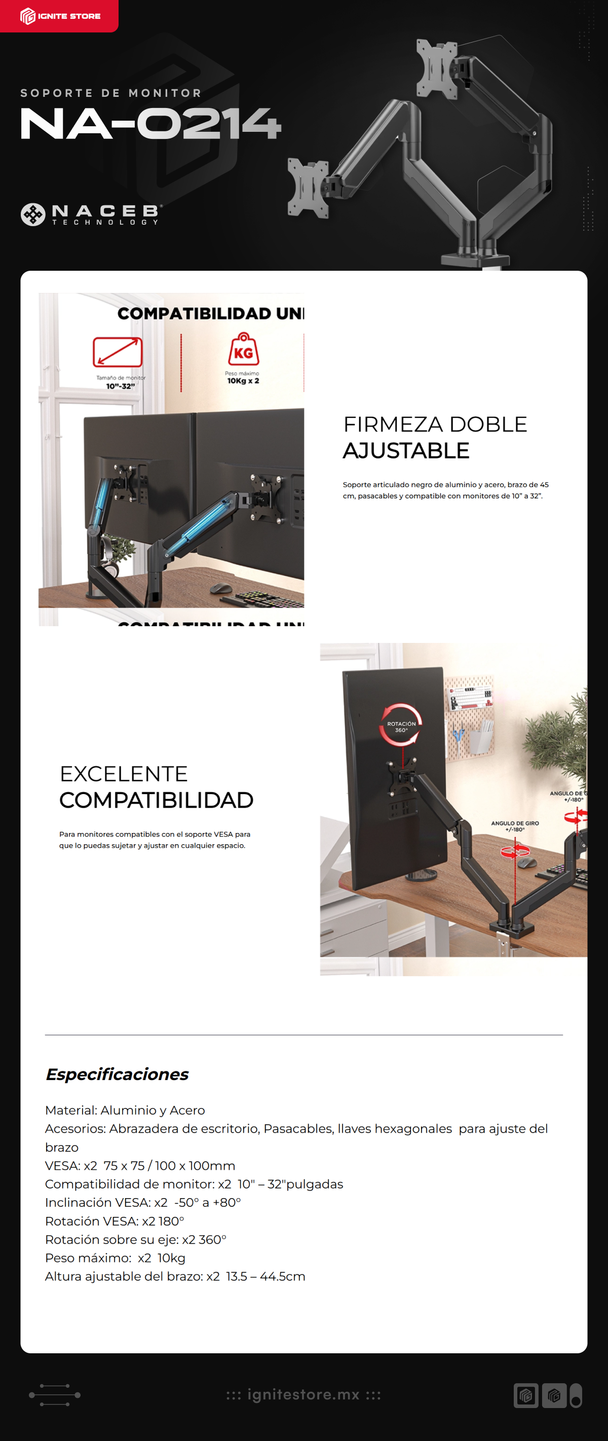 Soporte para Monitor NACEB NA-0214 | 2 Monitores 10″ – 32″ | Altura ajustable | Color Negro | NA-0214