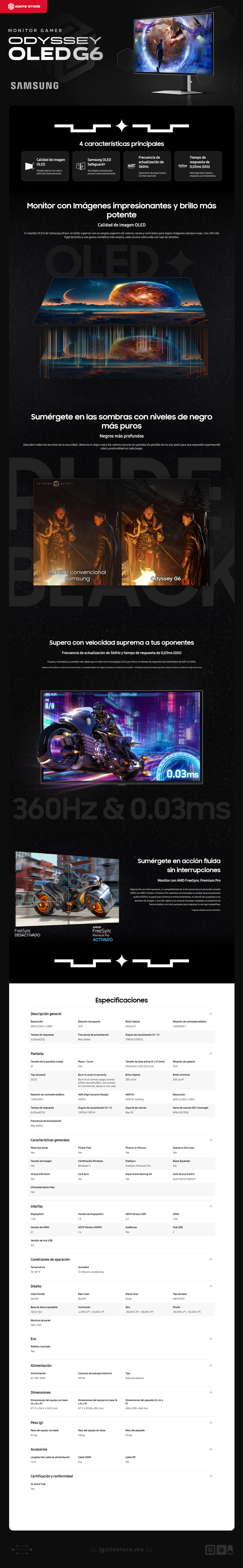Monitor Gamer Samsung Odyssey OLED G6 | 27" | QHD (2,560 x 1,440) | 0.03ms(GTG) | 360Hz | HDR10 | FreeSync Premium Pro | LS27DG600SLXZX