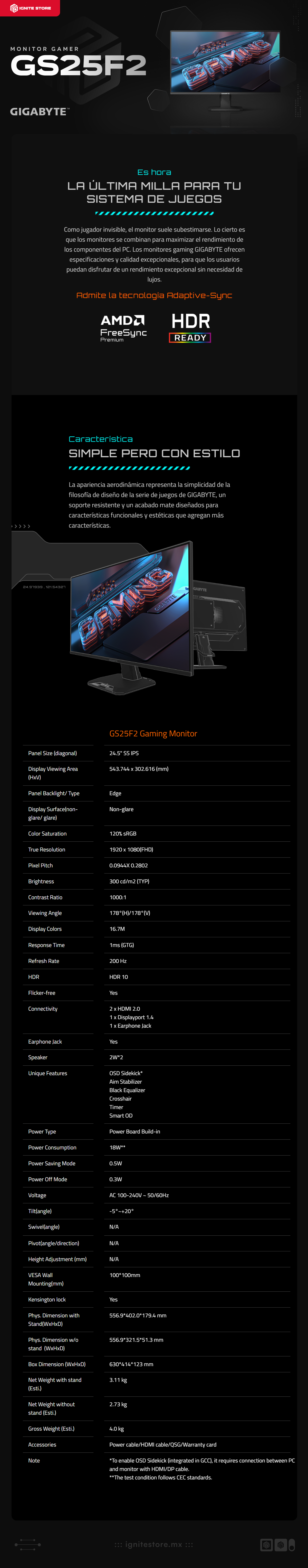Monitor Gamer GIGABYTE GS25F2 | 24.5" | IPS | W-LED | 1920x1080p (FHD) | 1ms | 200 Hz | HDMI 2.0 / DisplayPort 1.2 | GS25F2