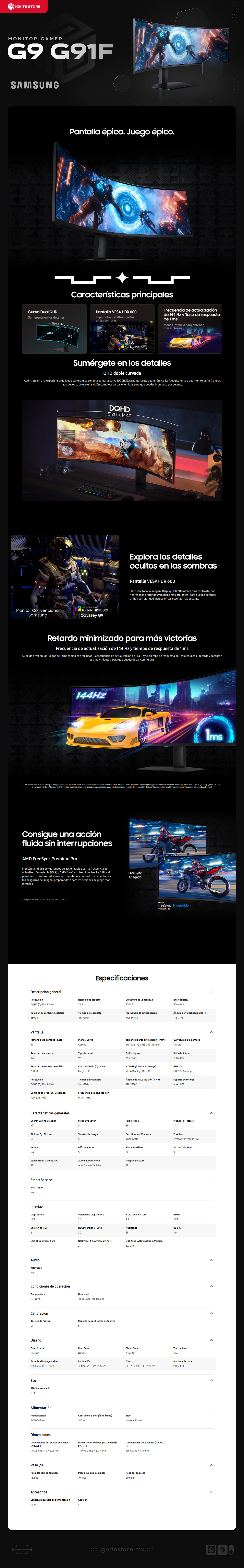 Monitor Gamer Curvo Samsung Odyssey G9 G91F | 49" | 32:9 | DQHD (5,120 x 1,440) | VA | 1ms (GtG) | 144 Hz | Pantalla Curva / UltraWide | HDMI / DisplayPort | FreeSync Premium Pro | LS49FG910ENXZX
