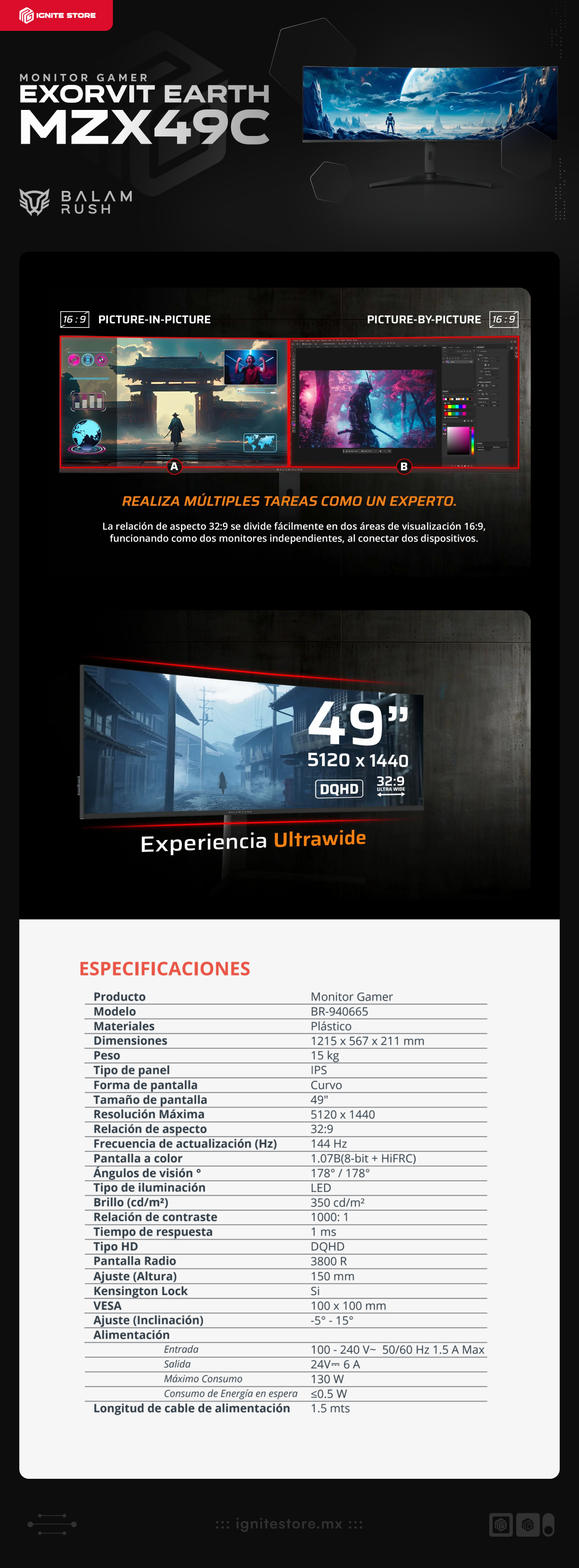 Monitor Gamer Curvo Balamrush Exorvit Earth MZX49C | 49" | DQHD (5120 x 1440) | IPS | 144 Hz | 1 ms | BR-940665