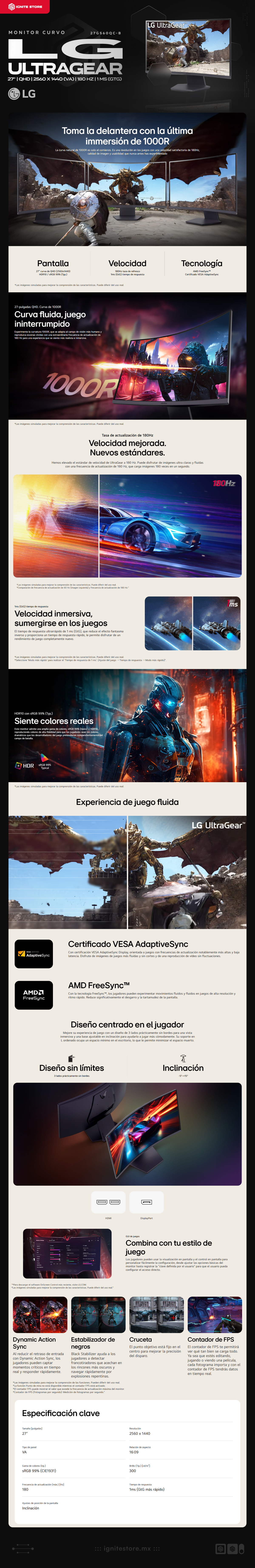 Monitor Curvo LG UltraGear | 27" | QHD | 2560 x 1440 (VA) | 180 Hz | 1 ms (GtG) | FreeSync | 27GS60QC-B