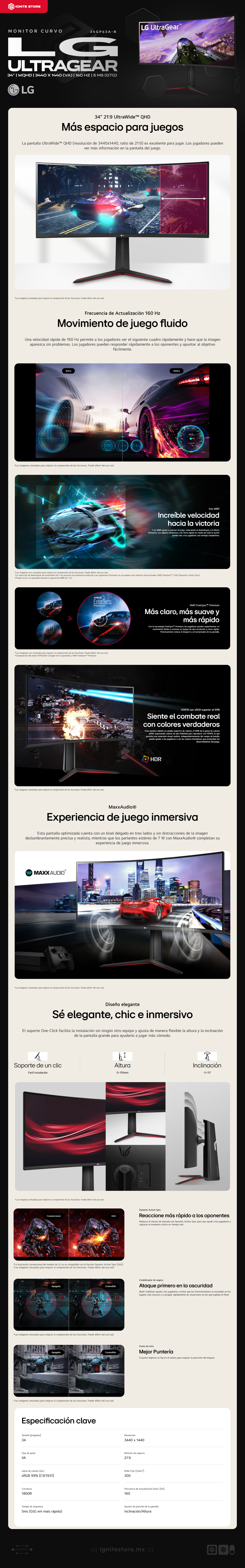 Monitor Curvo LG UltraGear | 34" | WQHD | 3440 x 1440 (VA) | 160 Hz | 5 ms (GtG) | FreeSync | 34GP63A-B