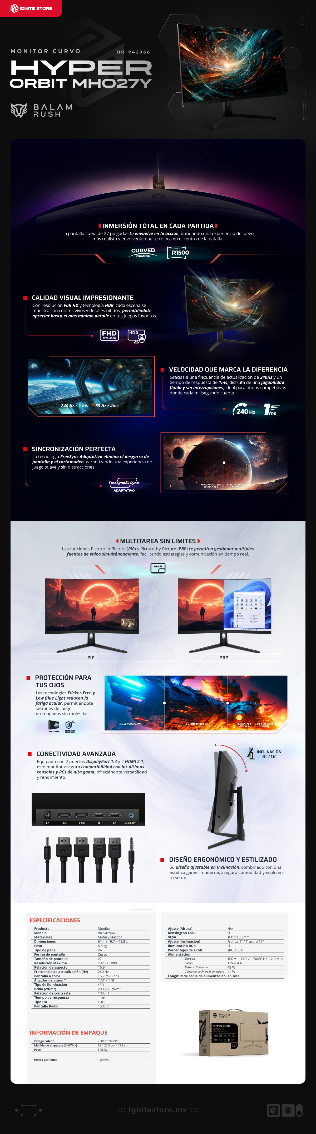 Monitor Curvo Acteck Balam Rush Hyper Orbit MHO27Y | 27" | FHD | 1920 x 1080 (VA) | 240 Hz | 1 ms | R1500 | FreeSync / G-Sync | RGB | BR-942966