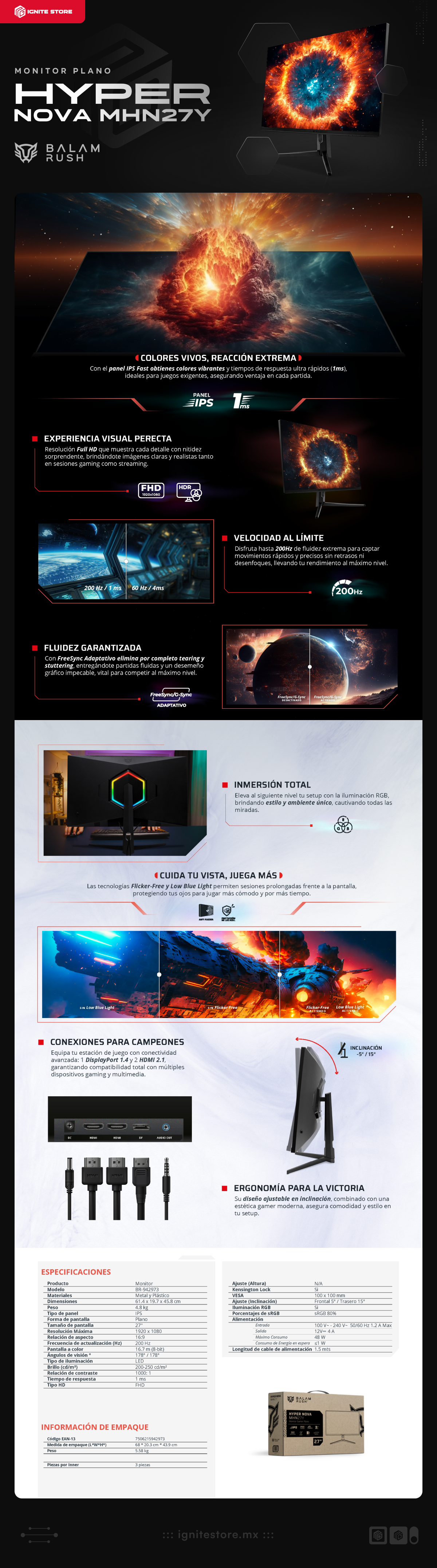 Monitor Acteck Balam Rush Hyper Nova MHN27Y | 27" | FHD | 1920 x 1080 (IPS) | 200 Hz | 1 ms | FreeSync / G-Sync | RGB | BR-942973