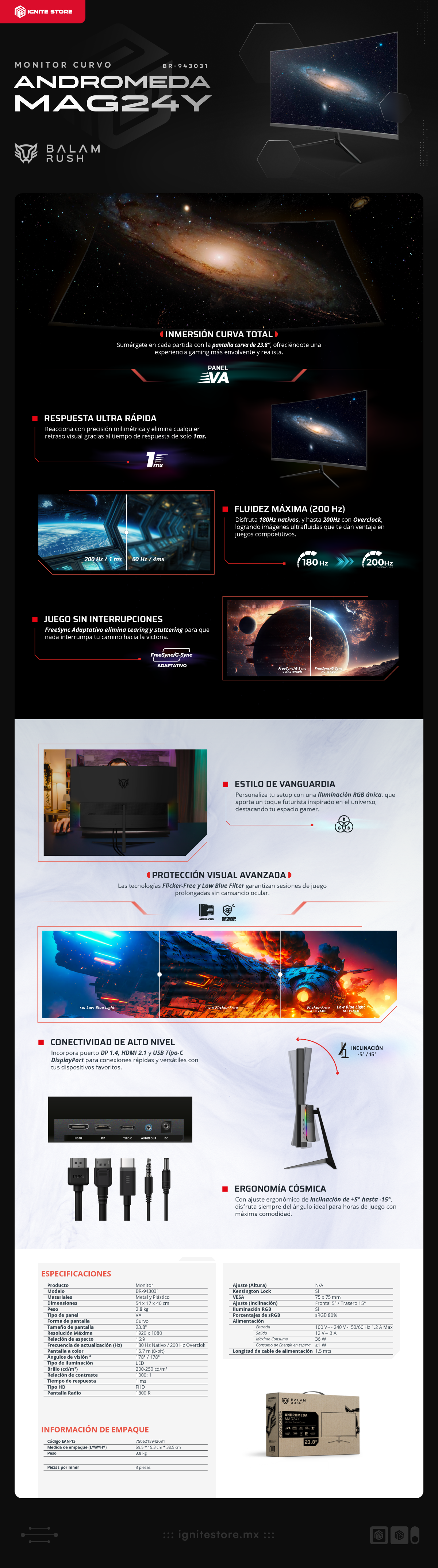 Monitor Curvo Acteck Balam Rush Andromeda MAG24Y | 23.8" | FHD | 1920 x 1080 (VA) | 180 Hz | 1 ms | R1800 | FreeSync / G-Sync | RGB | Negro | BR-943031