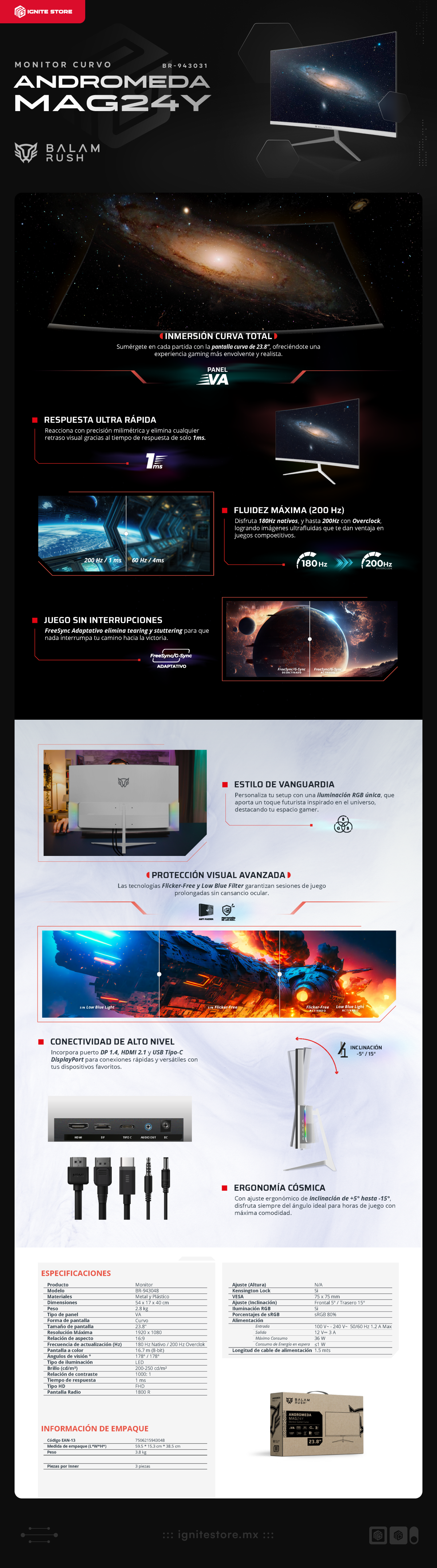 Monitor Curvo Acteck Balam Rush Andromeda MAG24Y | 23.8" | FHD | 1920 x 1080 (VA) | 180 Hz | 1 ms | R1800 | FreeSync / G-Sync | RGB | Blanco |  BR-943048
