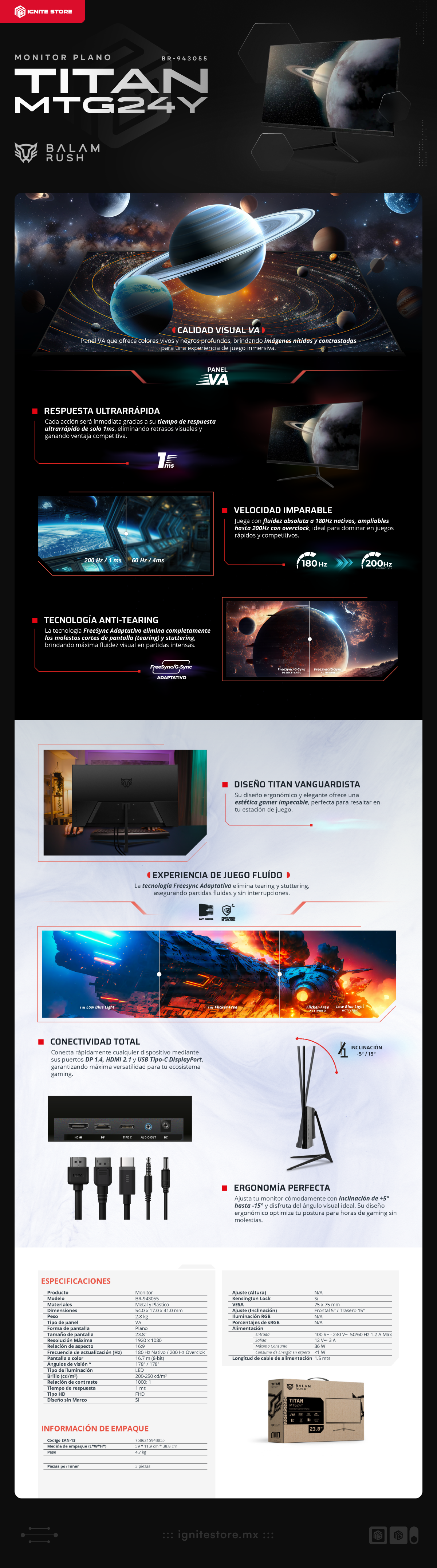 Monitor Acteck Balam Rush Titan MTG24Y | 23.8" | FHD | 1920 x 1080 (VA) | 180 Hz | 1 ms | FreeSync / G-Sync | BR-943055