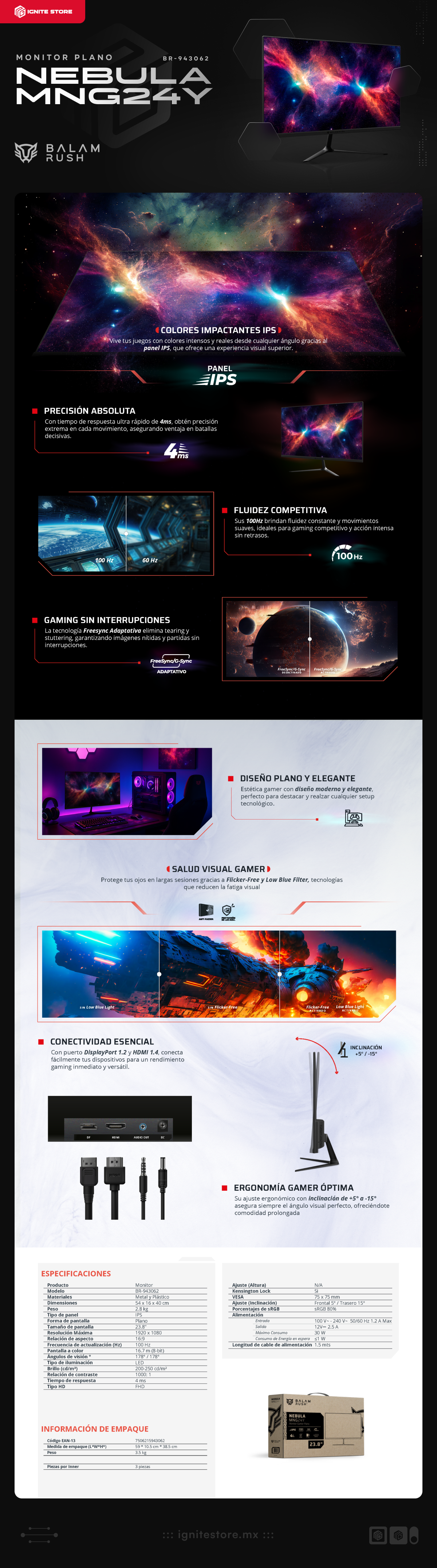 Monitor Acteck Balam Rush Nebula MNG24Y | 23.8" | FHD | 1920 x 1080 (IPS) | 100 Hz | 4 ms | FreeSync / G-Sync | BR-943062