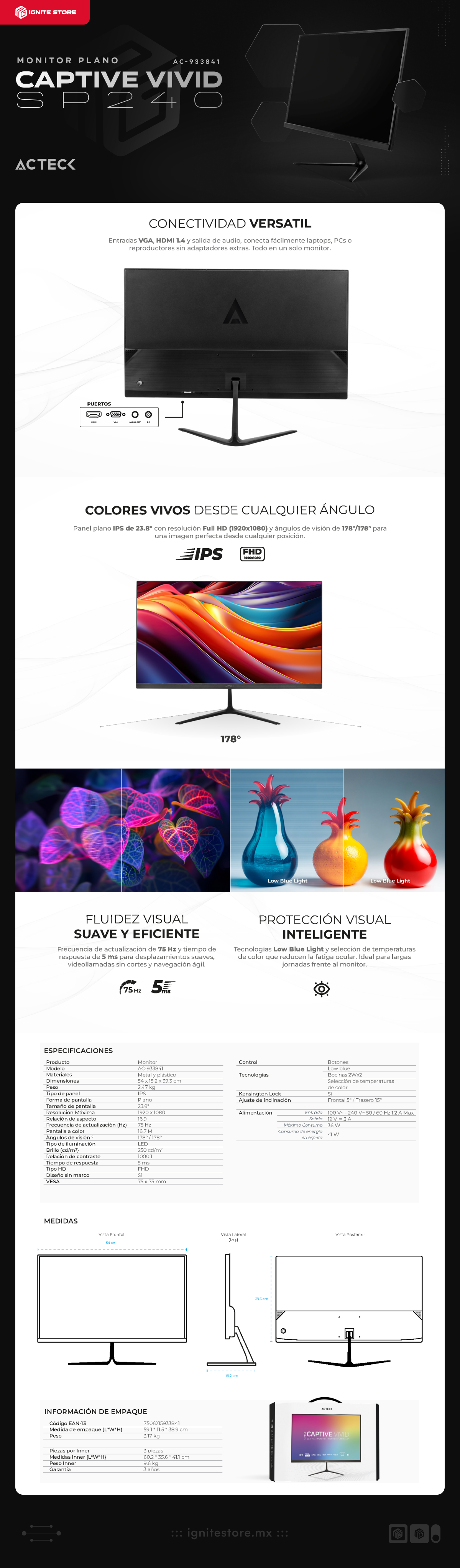 Monitor Acteck Captive Vivid SP240 | 23.8" | FHD | 1920 x 1080 (IPS) | 75 Hz | 5 ms | Bocinas Integradas | AC-933841