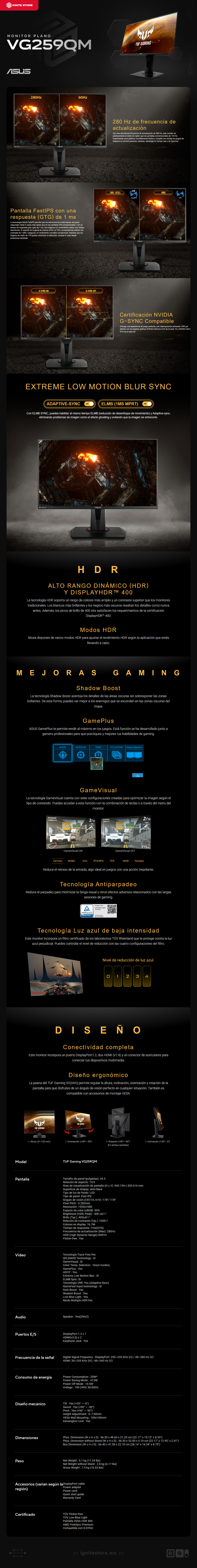 Monitor ASUS TUF Gaming VG259QM | 24.5" | FHD | 1920 x 1080 (Fast IPS) | 280 Hz | 1 ms (GTG) | Adaptive Sync | Bocinas Integradas | Negro | VG259QM