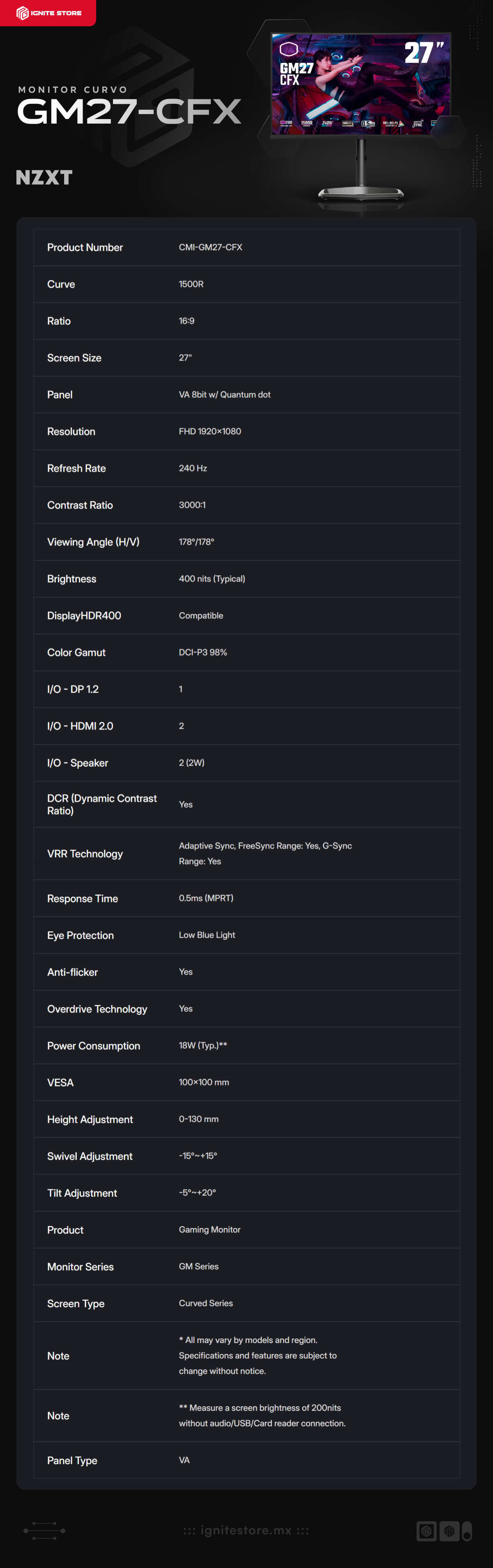 Monitor Curvo Cooler Master GM27-CFX | 27" | FHD | 1920 x 1080 (VA) | 240 Hz | 0.5 ms (MPRT) | 1500R | Adaptive Sync / G-Sync / FreeSync | Bocinas Integradas | Negro | CMI-GM27-CFX-US