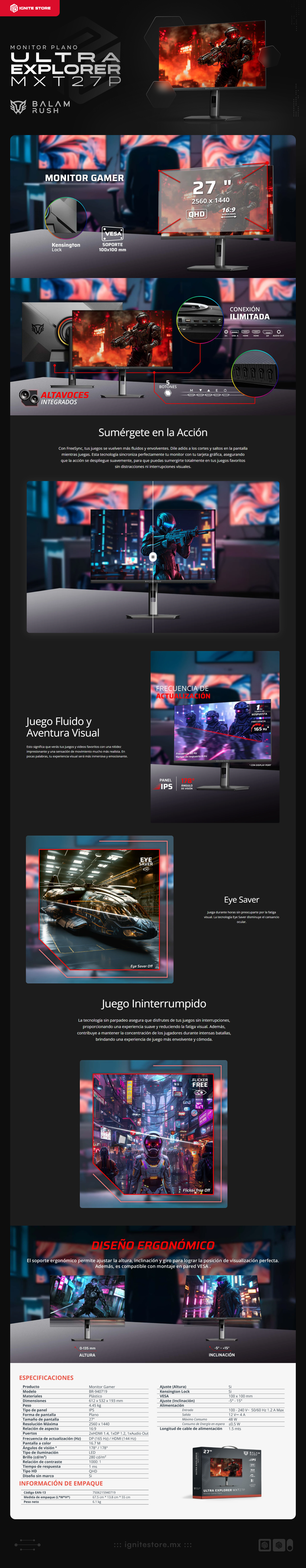 Monitor Acteck Balam Rush Ultra Explorer MXT27P | 27" | IPS | 2560 x 1440 (QHD) | DP 165 Hz / HDMI 144 Hz | 1 ms | FreeSync / HDR | Bocinas Integradas | HDMI / DisplayPort / USB-A / Jack 3.5 mm | Negro | BR-940719